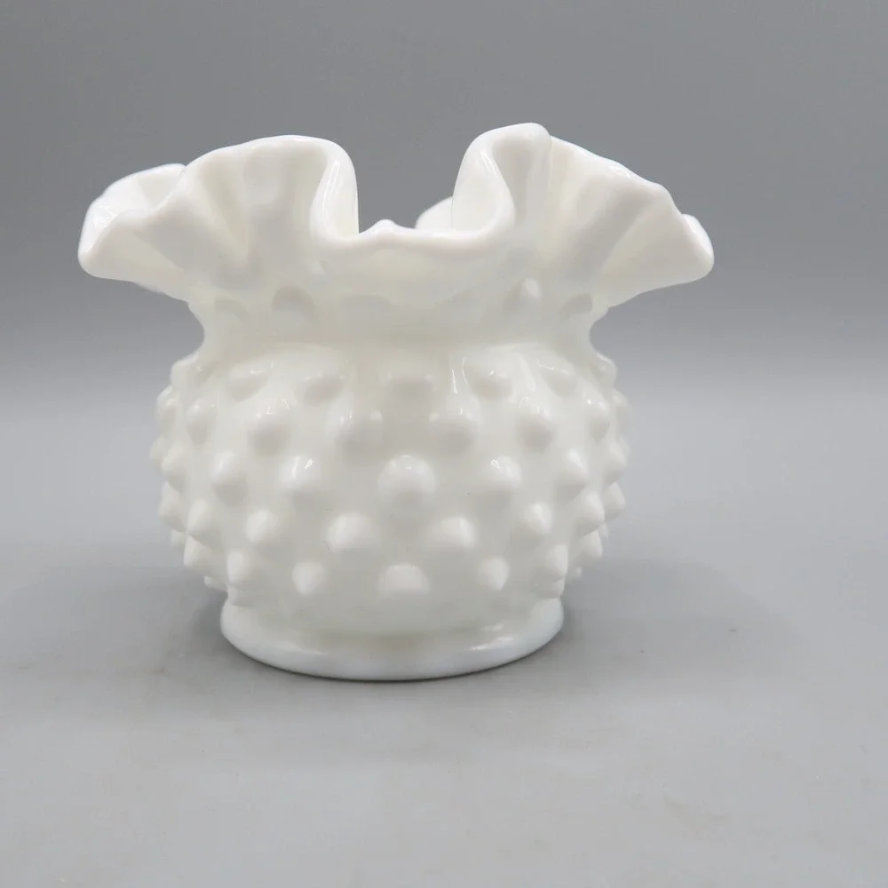 Fenton White Hobnail Ruffled‎ Edge Milk Glass Rose Bowl Vase 3